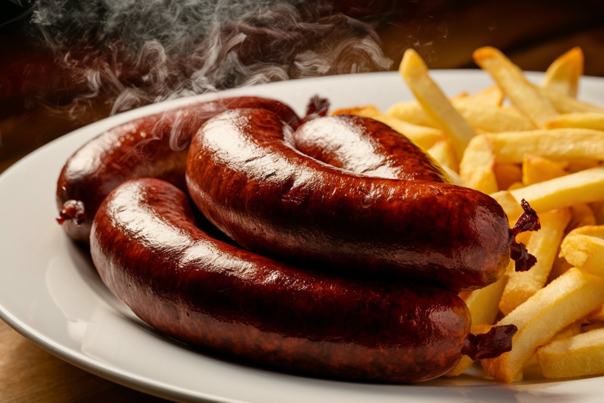 the final step of Boudain sausage making, showing sausages being stuffed using a sausage stuffer on a wooden kitchen counter, with a focus on the texture and color of the casing and filling.