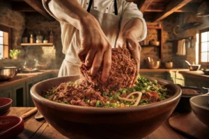 the process of mixing ingredients for Boudain in a large bowl, featuring hands mixing ground meat, rice, green onions, and Cajun spices in a rustic kitchen environment